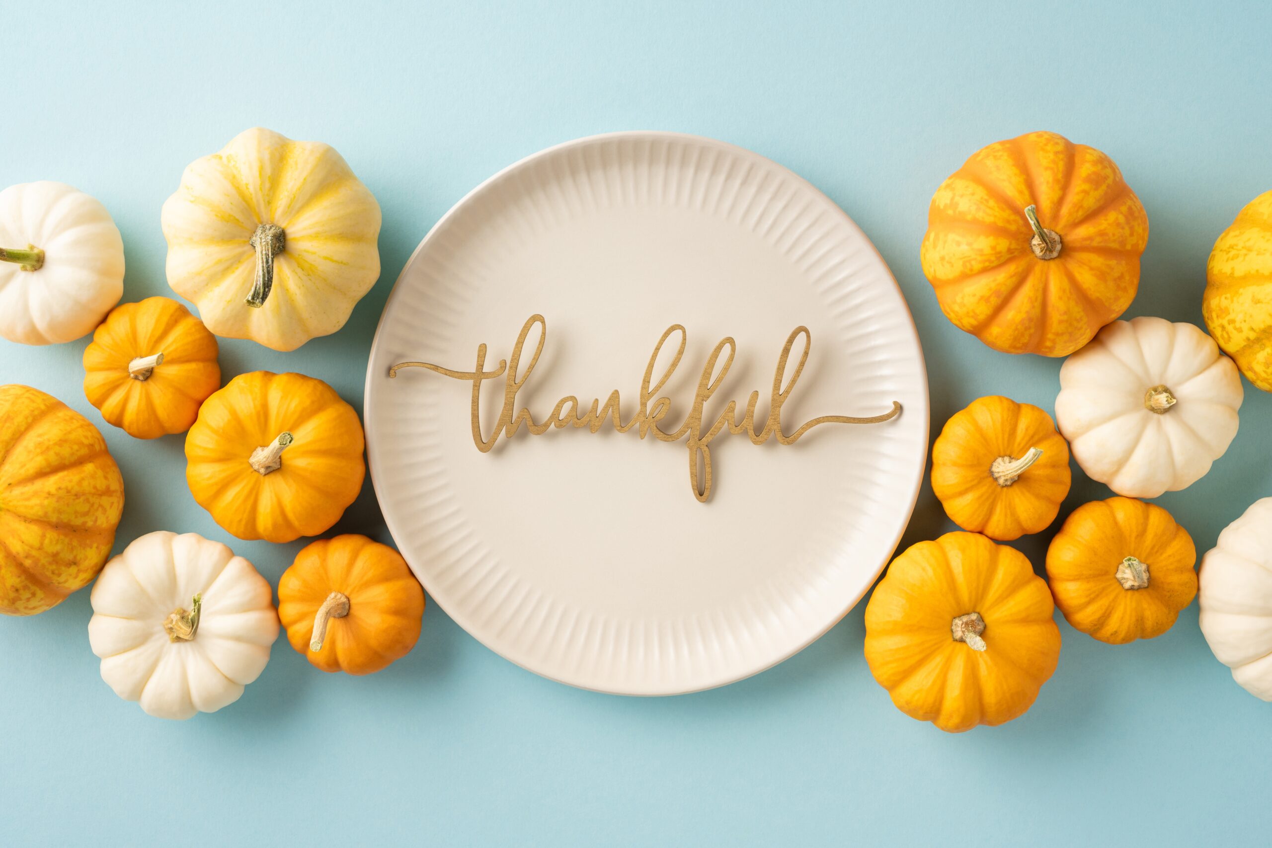 thanksgiving themed plate with pumpkin decor