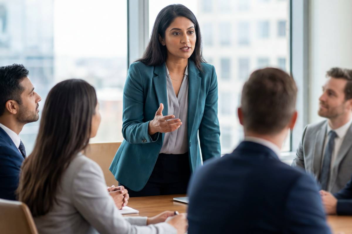 senior wealth management officer discussing latest strategies with the rest of their team