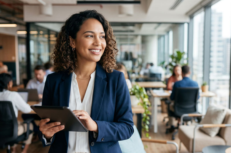 a business woman smiling after meeting with a financial advisor