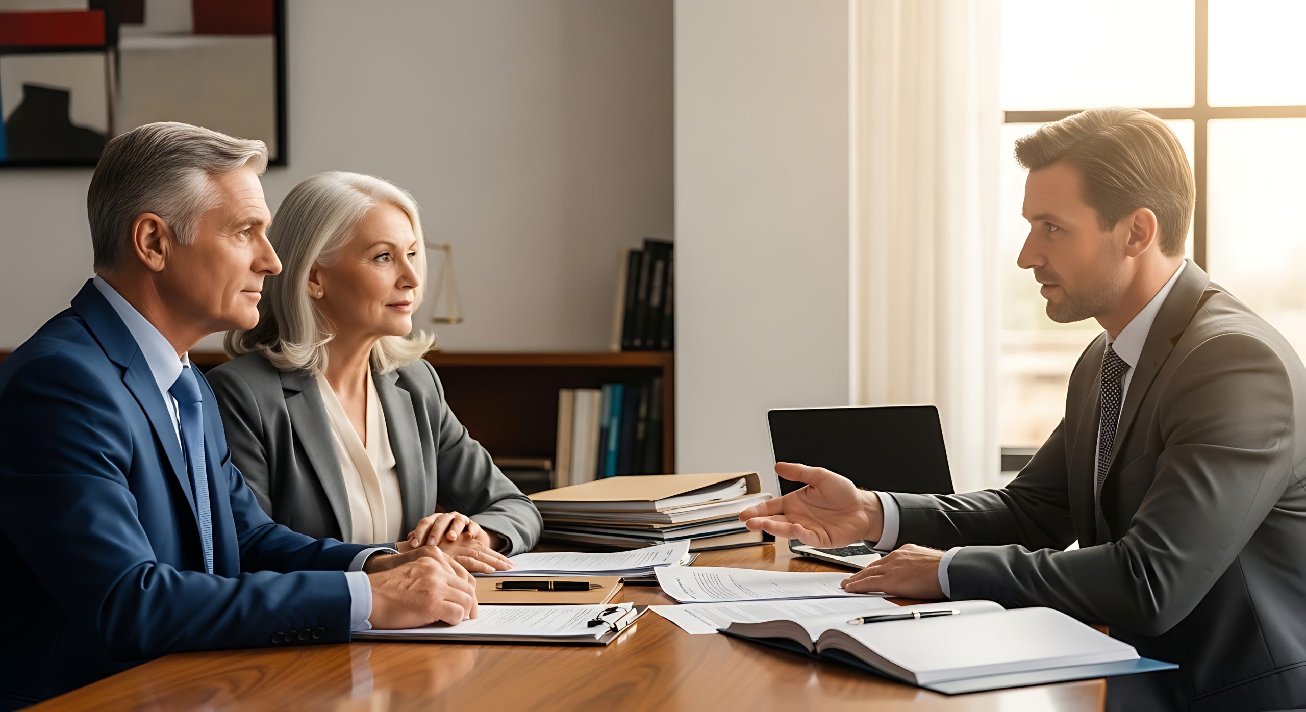 elderly couple speaking with a financial advisor