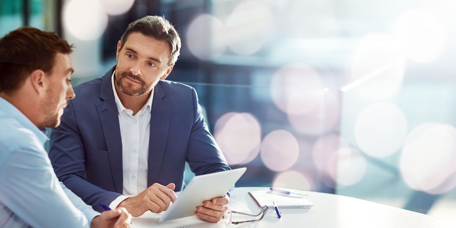 business people, men and teamwork with tablet, typing and connection with cooperation