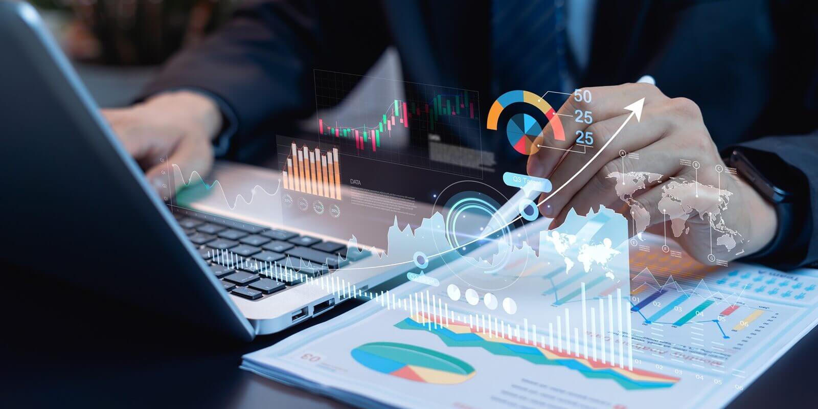 businessman analyzing money, profit, income, and financial data for economic success and business development